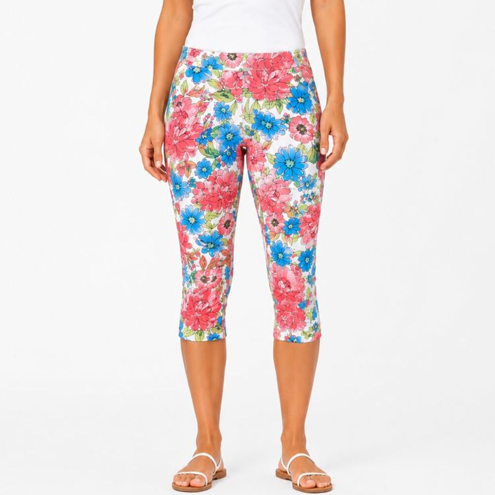 Ruby Rd Petite Floral Capri Pants Womens 4P Pink Blue Stretch Crop Pull On NWT